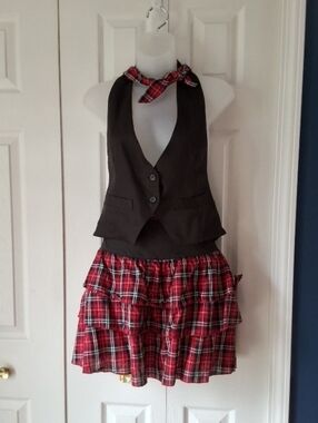 School Punk Black Vest with Red Plaid Tiered Skirt Outfit Set
